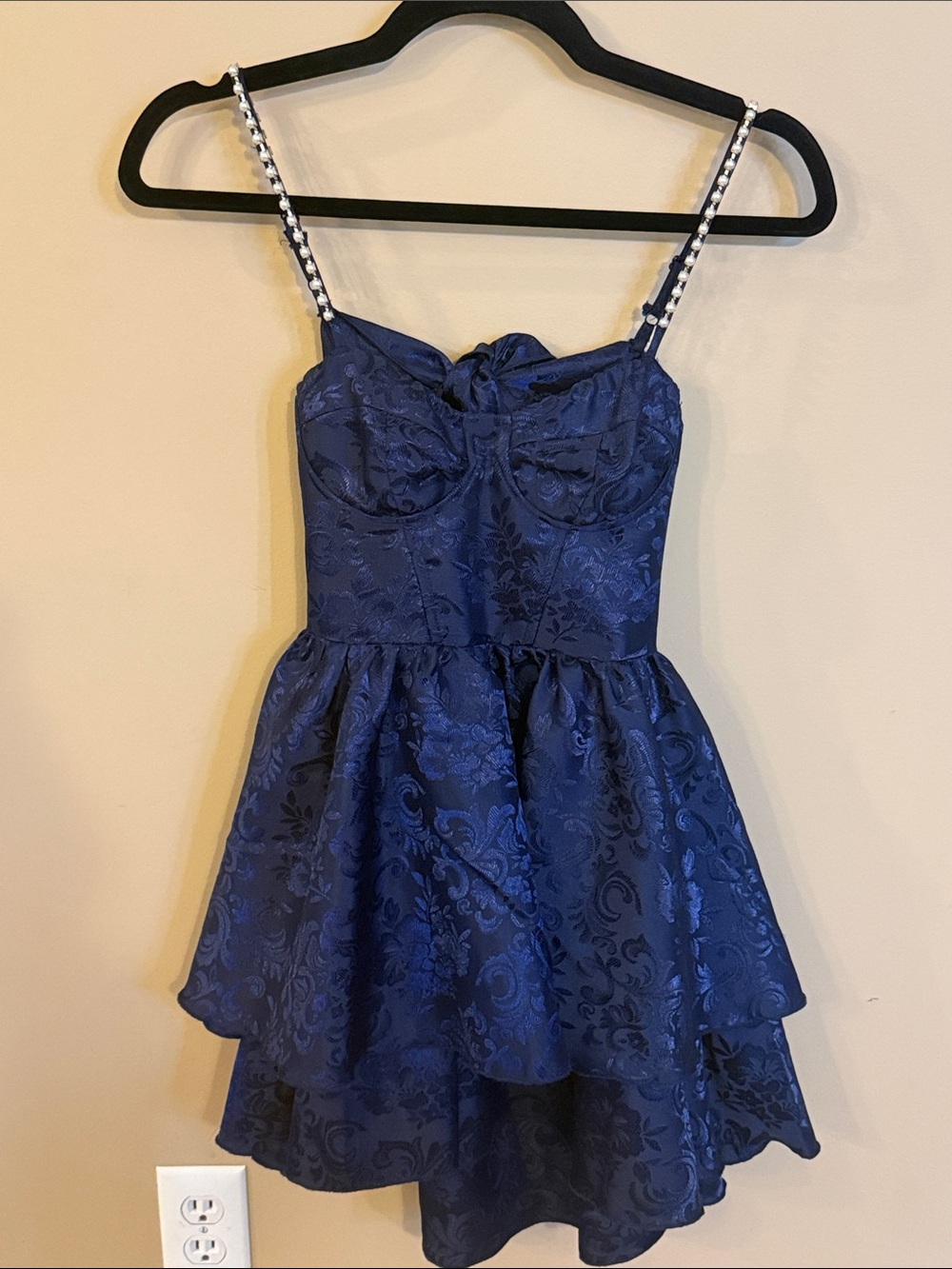 Altar'd State Navy Blue Floral Jacquard Midi Dress with Spaghetti Straps
